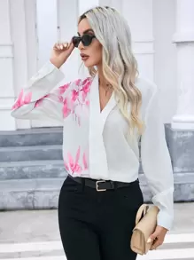 SHEIN Clasi 植物圖案V領襯衫 - 粉色 - 查看 5