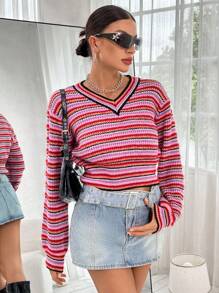 SHEIN Essnce 條紋圖案落肩袖套頭毛衣 - 彩色 - 查看 1