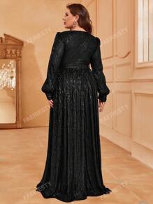 Faeriesty Plus Surplice Neck Lantern Sleeve Sequin Formal Dress Black Elegant Long Sleeve Prom Evening Wedding Guest Gown, For Graduation, Dinner Party Dress