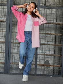 RueChic Teen Girl Two Tone Drop Shoulder Patched Pocket Button Front Overcoat - Pink - View 6