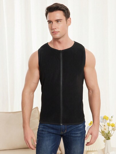 Men's Black Casual Round Neck Sleeveless Zipper Plain Thermal Vest