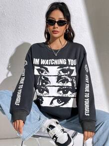 SHEIN Unity Áo nỉ chui đầu dáng rộng thoải mái dành cho nữ in hình và khẩu hiệu, phong cách đường phố thời trang, mùa xuân/thu - Xám - Xem 1