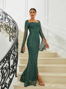 Missord Square Neck Split Thigh Sequin Formal Dress