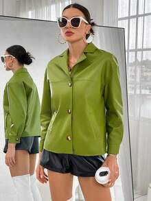 SHEIN Essnce 西裝領落肩袖前紐扣PU皮革外套 - 橄欖綠 - 查看 3