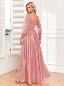 Cổ Trái tim Tay áo lồng đèn Lưới Đầm vũ hội - Bụi hồng - Xem 2