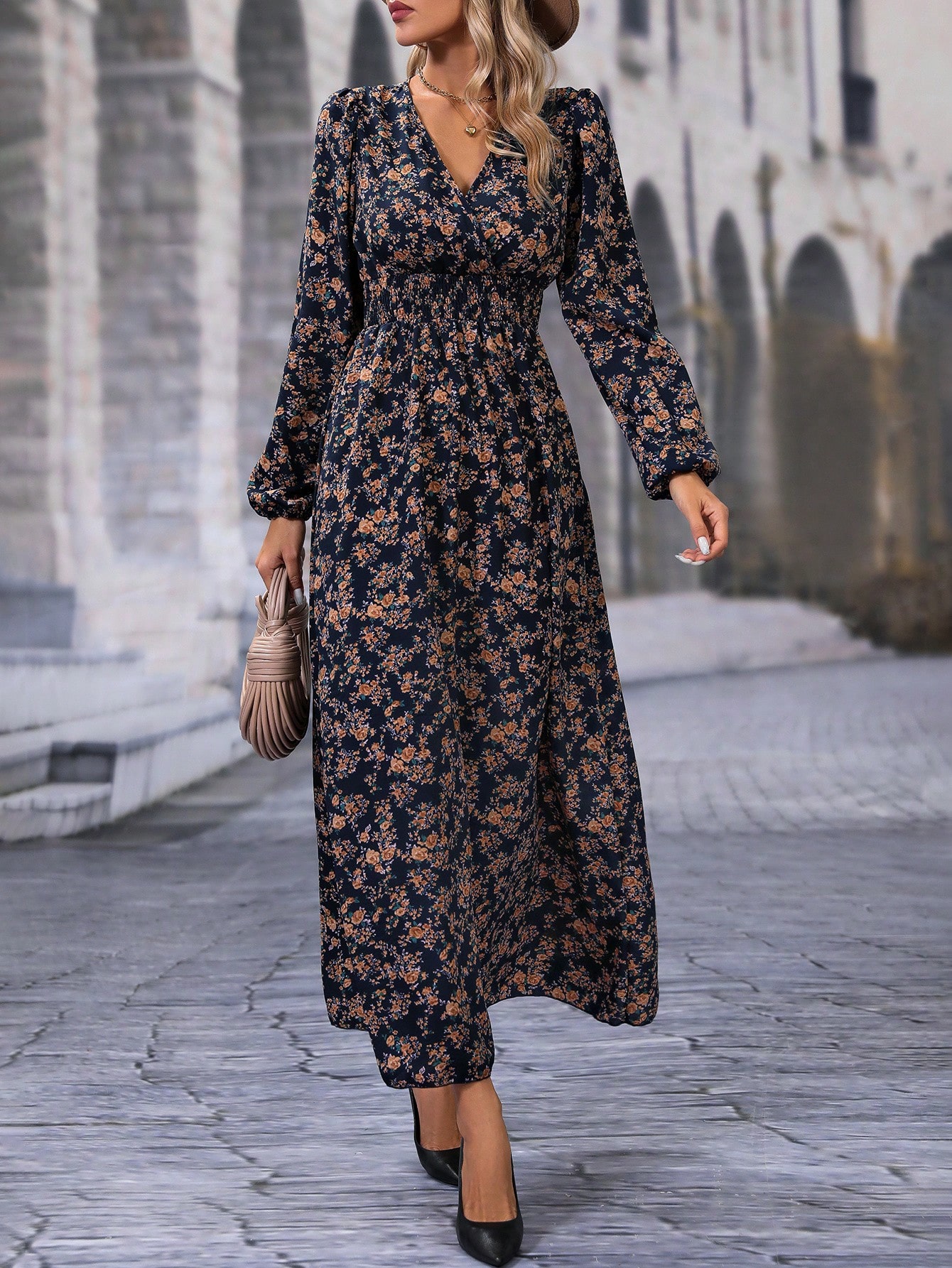 SHEIN LUNE Allover Floral Print Lantern Sleeve Dress sz2308168186511111