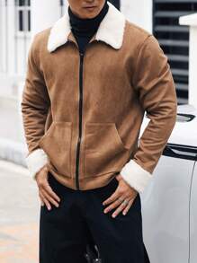Manfinity Homme Men Borg Collar Zip Up Jacket - Coffee Brown - View 6
