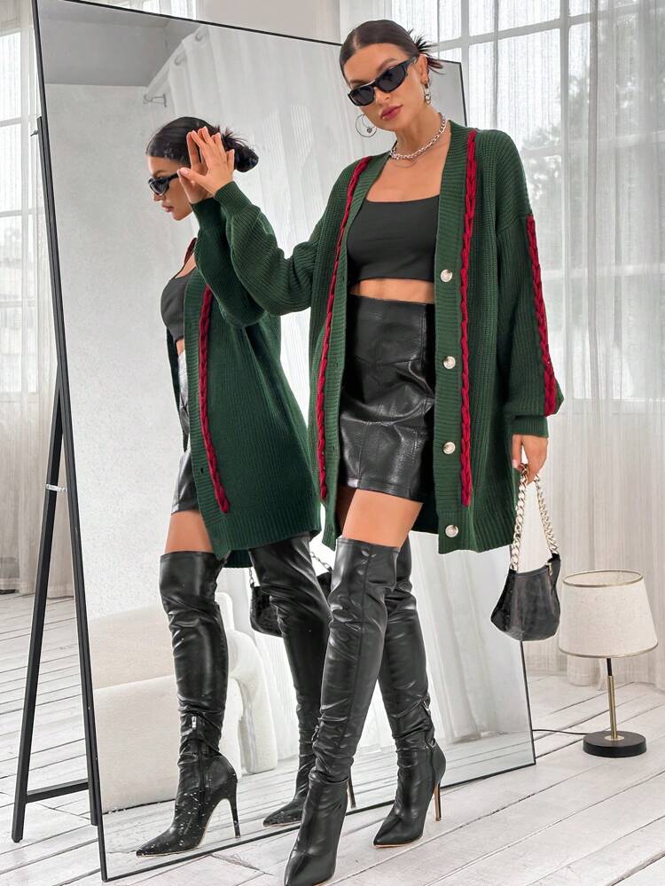 Contrast Trim Drop Shoulder Cardigan