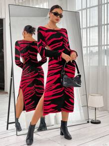 SHEIN Privé Graphic Pattern Cut Out Waist Split Thigh Sweater Dress - Multicolor - View 3