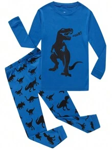 男小童恐龍印花T恤和褲子睡衣套裝 - 藍色 - 查看 1