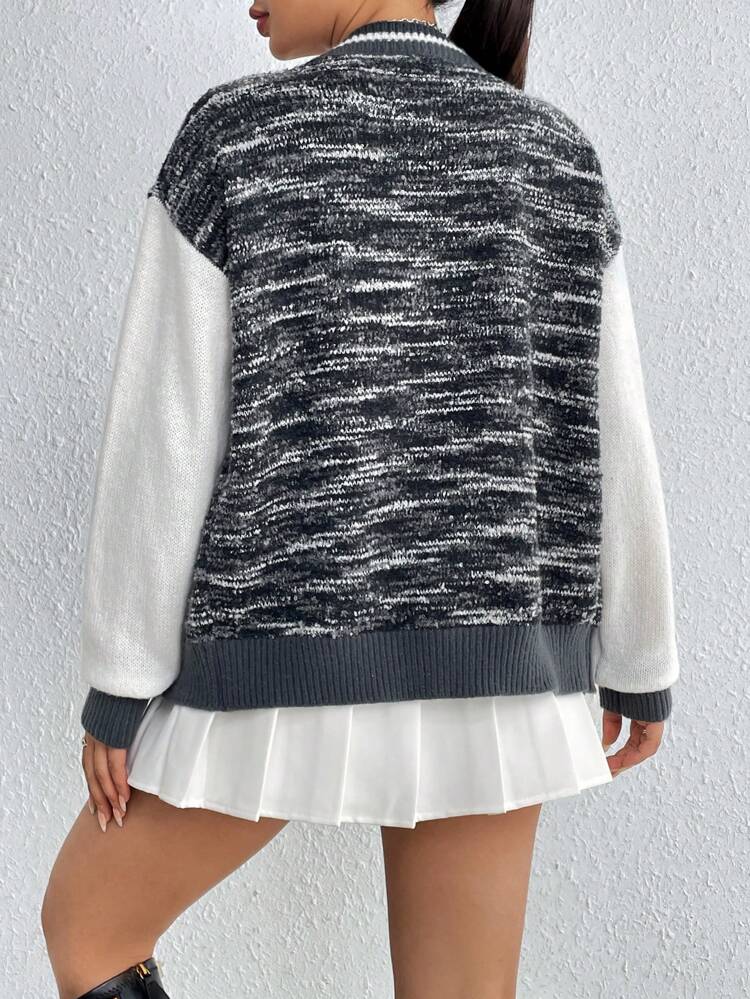 Letter Patched Striped Trim Drop Shoulder Cardigan Fall Cloth For Women