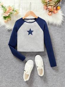 SHEIN Cô gái Tween In Sao Tay Raglan Áo thun - Màu xanh hải quân - Xem 1