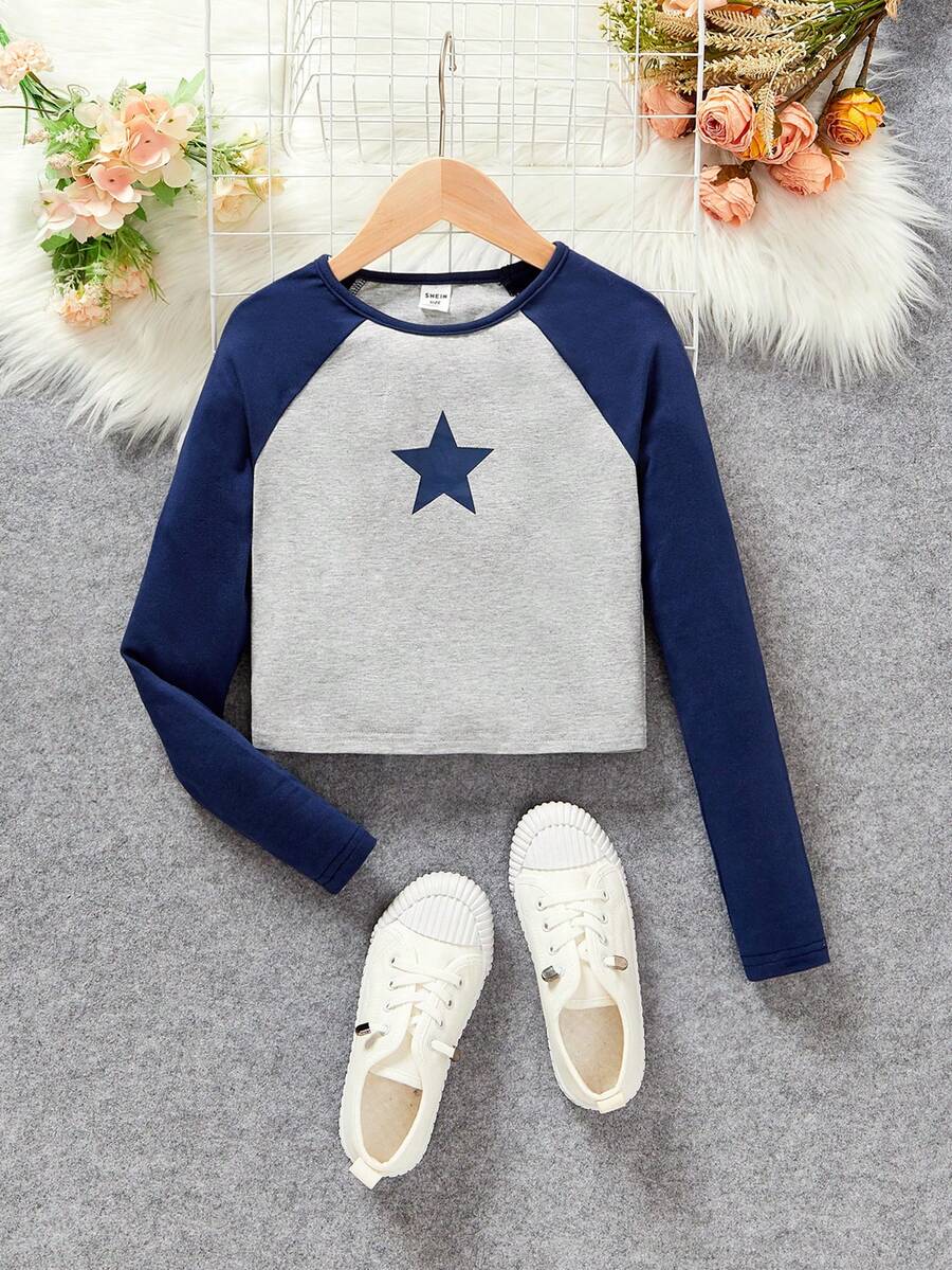 SHEIN Cô gái Tween In Sao Tay Raglan Áo thun - Màu xanh hải quân - Xem 1