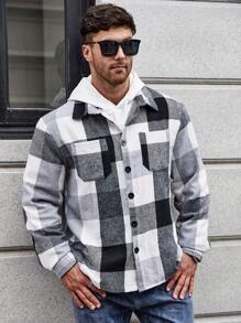 Manfinity Homme 男士大码格紋印花翻蓋口袋襯衫式夾克 - 黑與白 - 查看 5