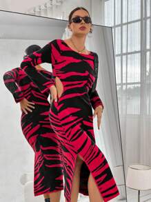 SHEIN Privé Graphic Pattern Cut Out Waist Split Thigh Sweater Dress - Multicolor - View 6