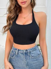 Plain Ribbed Backless Halter Bra - Black - View 5