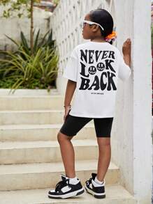 SHEIN Tween Girl Slogan Graphic Drop Shoulder Tee & Biker Shorts - Black - View 3
