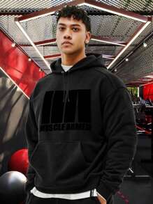 Manfinity Sport Corelite 男士标语图案袋鼠口袋落肩运动卫衣 - 黑色 - 查看 1