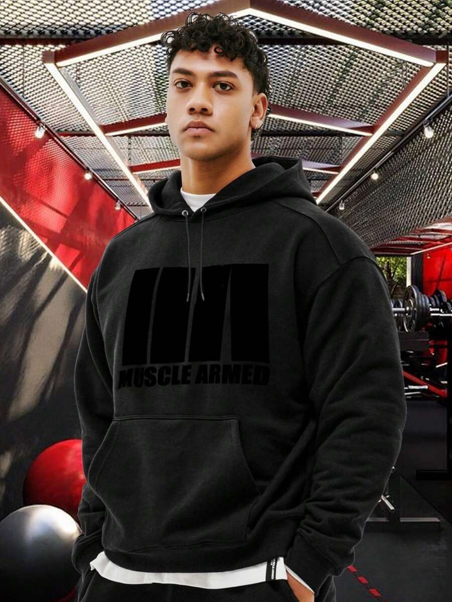 Manfinity Sport Corelite 男士标语图案袋鼠口袋落肩运动卫衣 - 黑色 - 查看 1