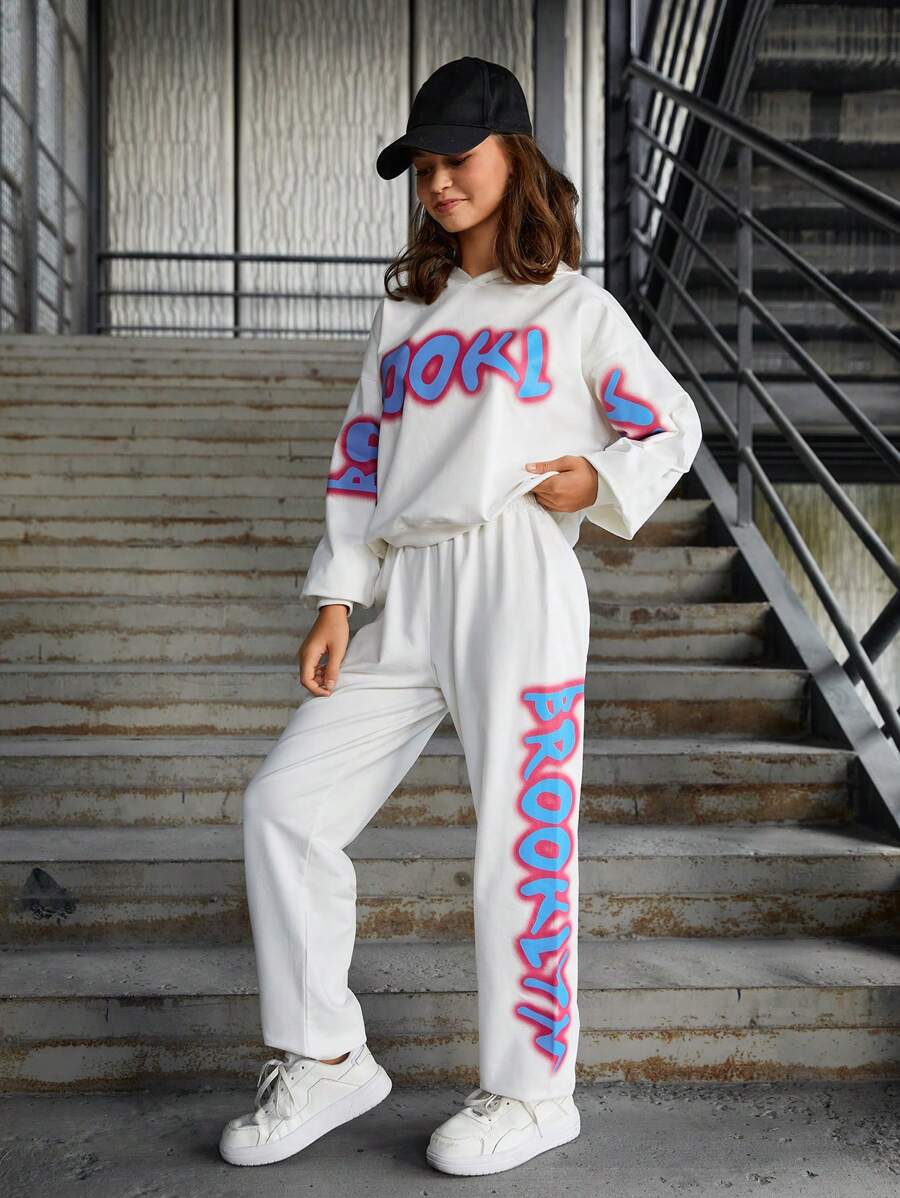 RueChic Teen Girl Letter Graphic Drop Shoulder Hoodie & Sweatpants - White - View 1