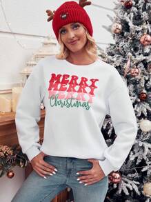 SHEIN LUNE Christmas Print Drop Shoulder Sweatshirt Pullover Fall Outfit - White - View 5