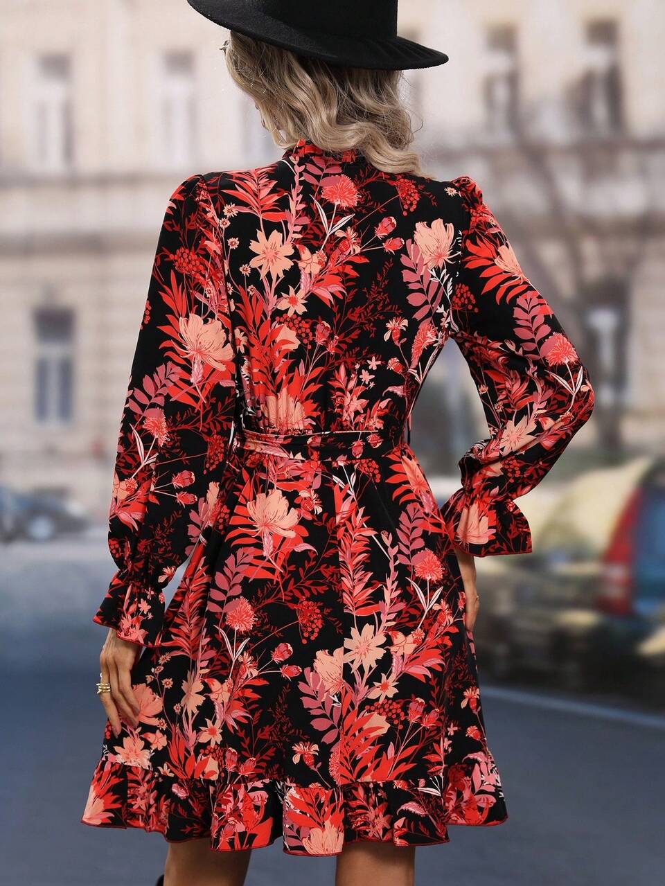 Floral Print Flounce Sleeve Belted Dress Fall Cloth For Women
