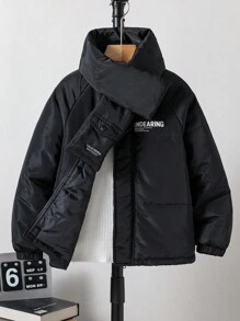 SHEIN Tween Boy Letter Graphic Raglan Sleeve Hooded Padded Coat & Scarf - Black - View 3