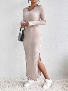 SHEIN Frenchy Đầm đan gân xẻ đùi - Màu be - Xem 6