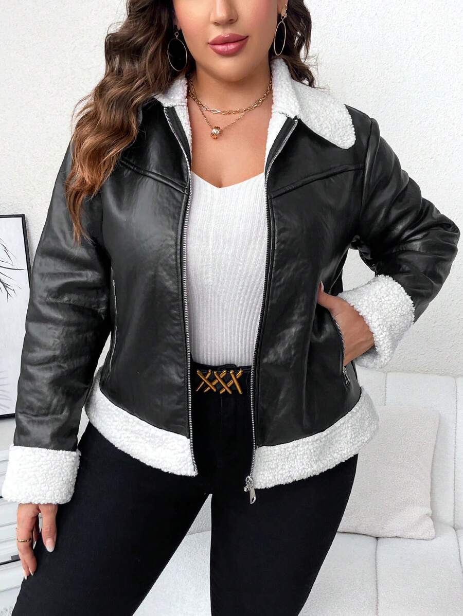 SHEIN Clasi Plus Teddy Lined Zip Up PU Leather Jacket - Black - View 1