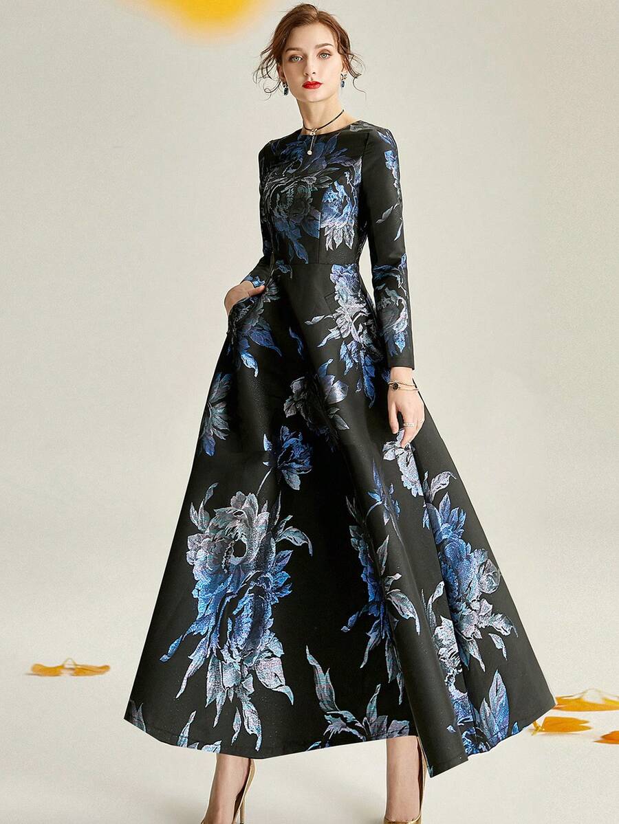 花卉印花隐形口袋连衣裙，婚礼宾客礼服派对礼服正式礼服晚礼服，长袍
