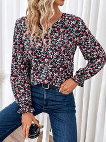 SHEIN Frenchy 小碎花印花撞色蕾絲喇叭袖襯衫 - 彩色 - 查看 5