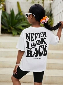 SHEIN Tween Girl Slogan Graphic Drop Shoulder Tee & Biker Shorts - Black - View 1