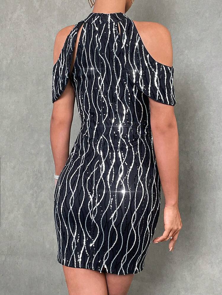 Cold Shoulder Keyhole Neckline Contrast Sequin Bodycon Dress