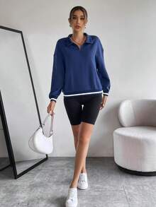 SHEIN Essnce Striped Trim Half Zip Drop Shoulder Sweatshirt - Navy Blue - View 6