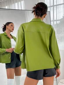 SHEIN Essnce 西裝領落肩袖前紐扣PU皮革外套 - 橄欖綠 - 查看 2