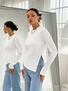 SHEIN Essnce 素色下擺開叉T恤 - 白色 - 查看 3