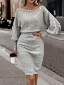 SHEIN Clasi Pearls Beaded Batwing Sleeve Sweater Dress - Grey - View 5