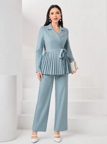 Modelyn 西裝領百褶下擺腰帶上衣和褲子 - 藍色 - 查看 2