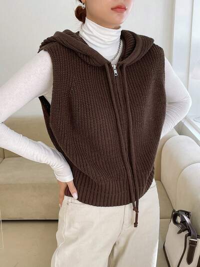 1pc Drawstring Hooded Sweater Vest