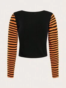 SHEIN EZwear Halloween Striped & Star Print Tee - Multicolor - View 2