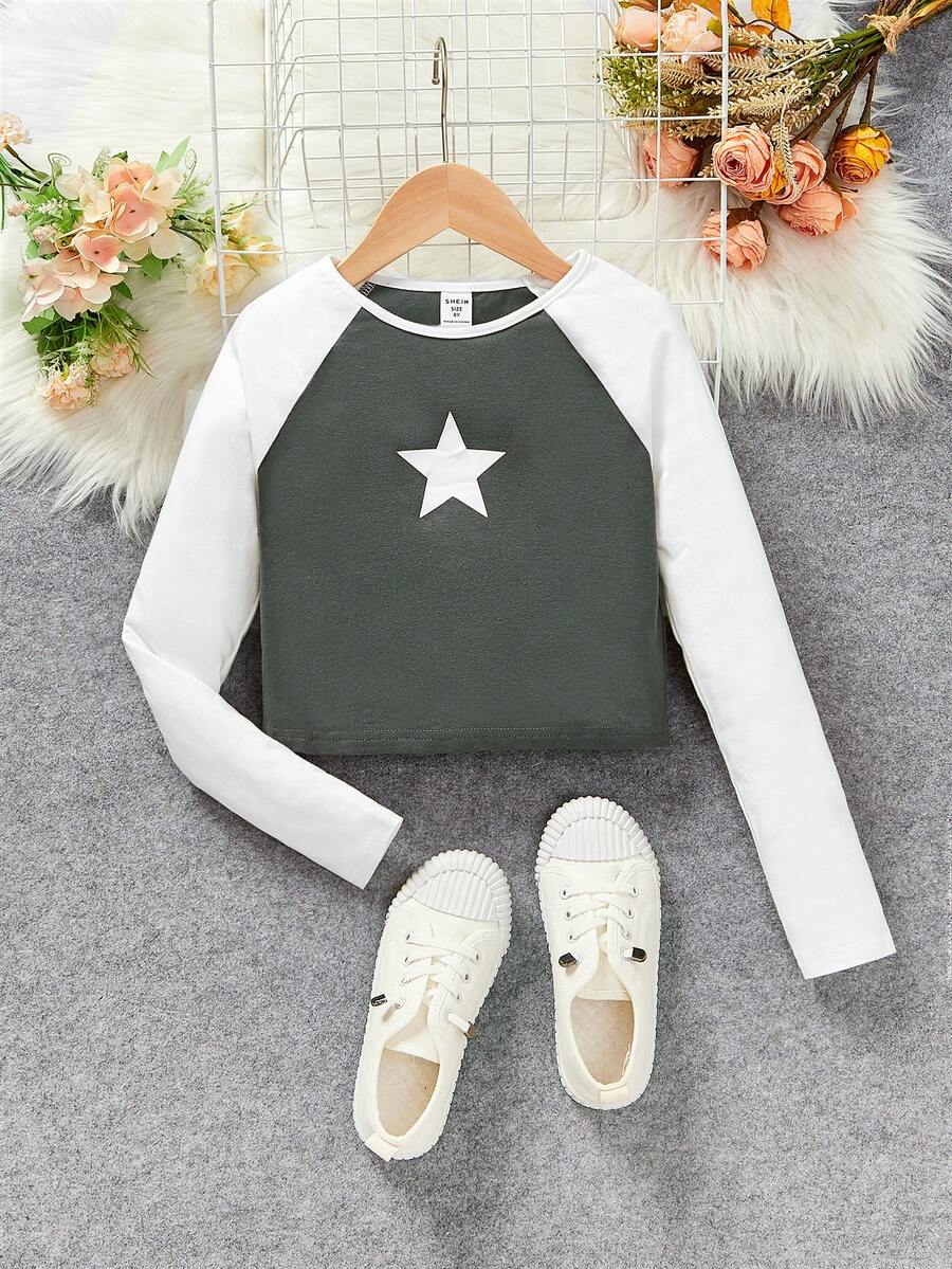 SHEIN Áo thun tay áo Raglan in hình ngôi sao Tween Girl - Xám - Xem 1