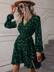 SHEIN LUNE In hoa Báo Tay áo lồng đèn Viền Ruffle Bọc Váy có thắt lưng - Màu xanh lá cây đậm - Xem 1