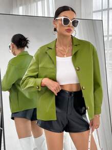 SHEIN Essnce 西裝領落肩袖前紐扣PU皮革外套 - 橄欖綠 - 查看 1