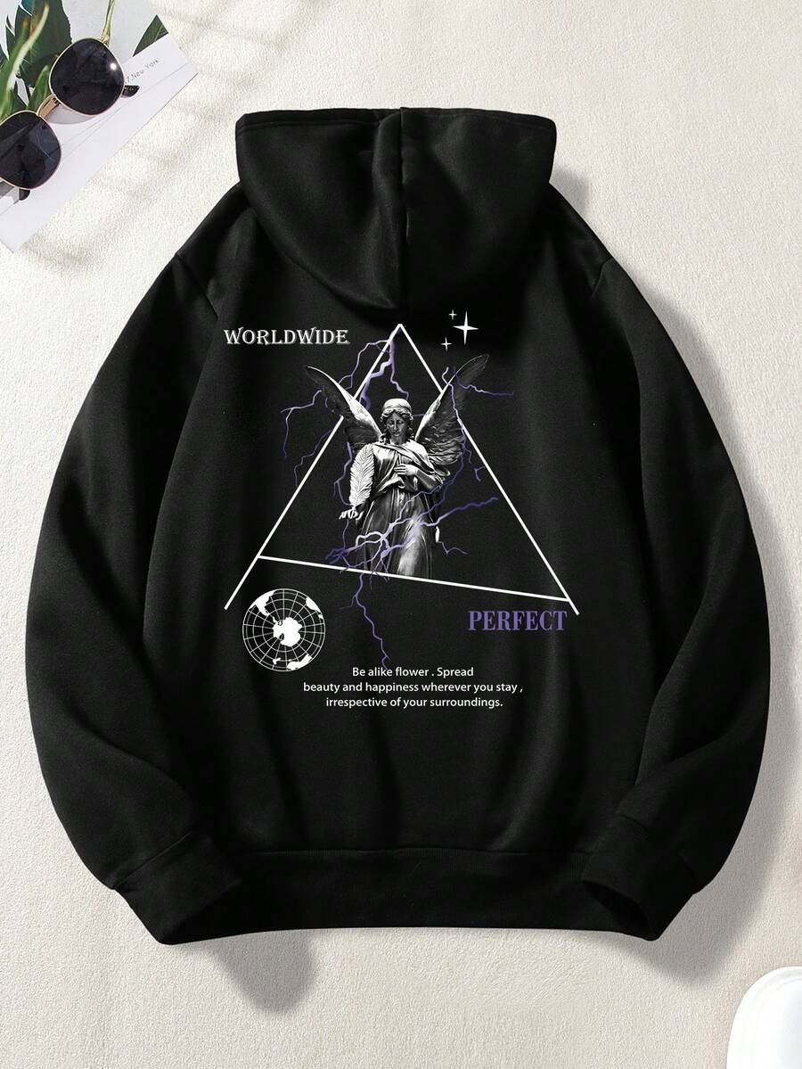 Manfinity Loose Fit Men's Slogan & Astronaut Printed Hoodie With Kangaroo Pocket And Drawstring - Black - View 1