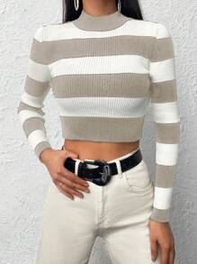 Two Tone Mock Neck Crop Sweater