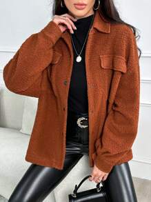SHEIN Essnce Drop Shoulder Flap Detail Teddy Coat - Brown - View 1