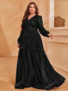 Faeriesty Plus Surplice Neck Lantern Sleeve Sequin Formal Dress Black Elegant Long Sleeve Prom Evening Wedding Guest Gown, For Graduation, Dinner Party Dress