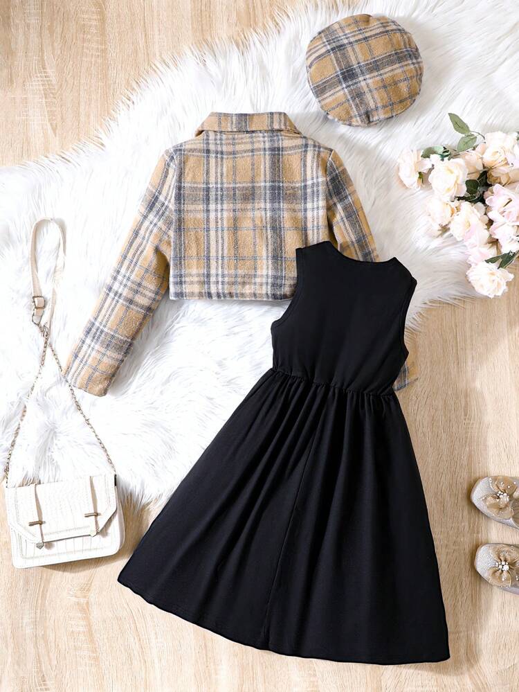 Tween Girl Flare Hem Dress & Plaid Print Jacket & Hat