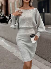 SHEIN Clasi Pearls Beaded Batwing Sleeve Sweater Dress - Grey - View 4
