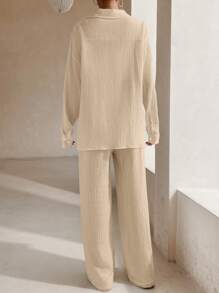 SHEIN Unity de hombros caídos con botón delantero Camisa & Pantalones de pierna ancha - Albaricoque - Ver 2